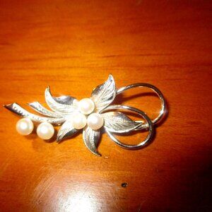 Sterling Silver and Pearl Brooch Vintage signed
